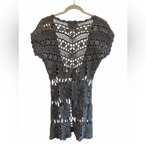 Boston Proper Blue/Gray Sequin Crochet Longline Cardigan (S) Fairy Grunge FLAWS - Picture 3 of 17